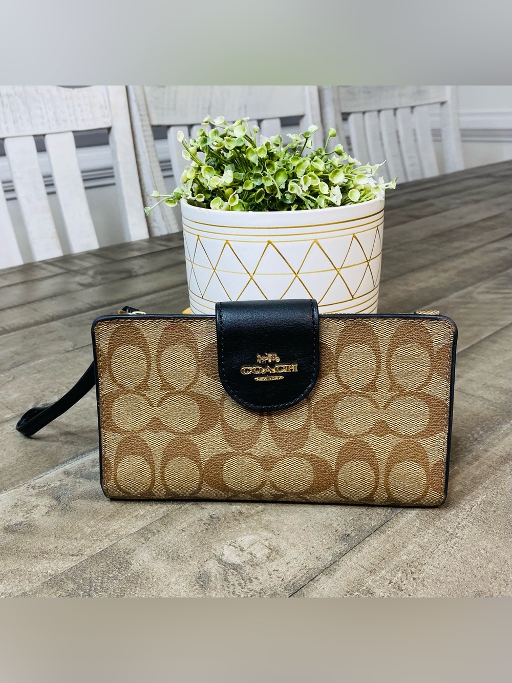 Coach Tech Phone Wallet In Colorblock Signature Canvas Brown Black C2874